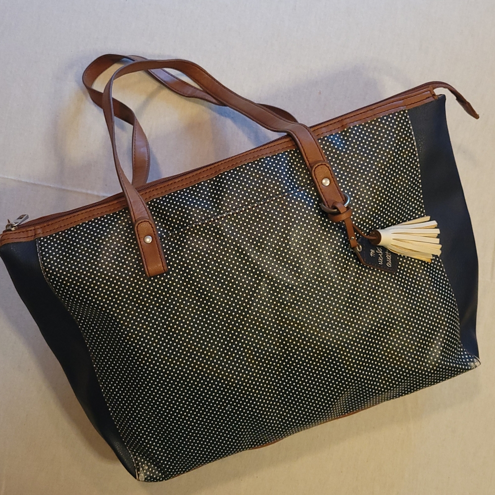 Relic Navy Blue Polka Dot Tote with Tan Trim and Cream Tassel Charm